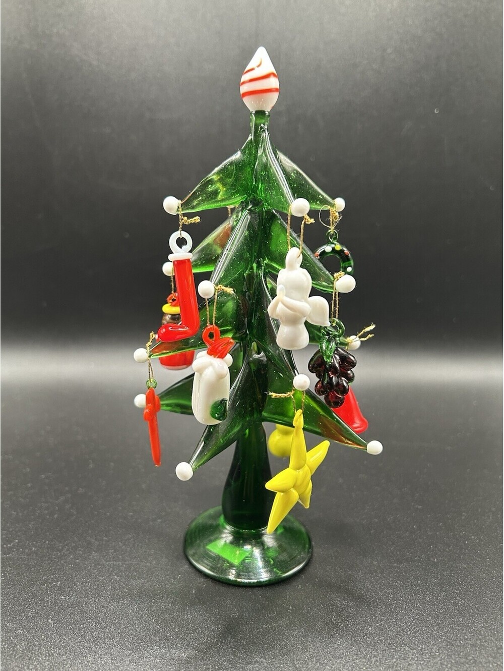 Vintage Miniature 7” Hand Blown Glass Christmas Tree with 13 Ornaments